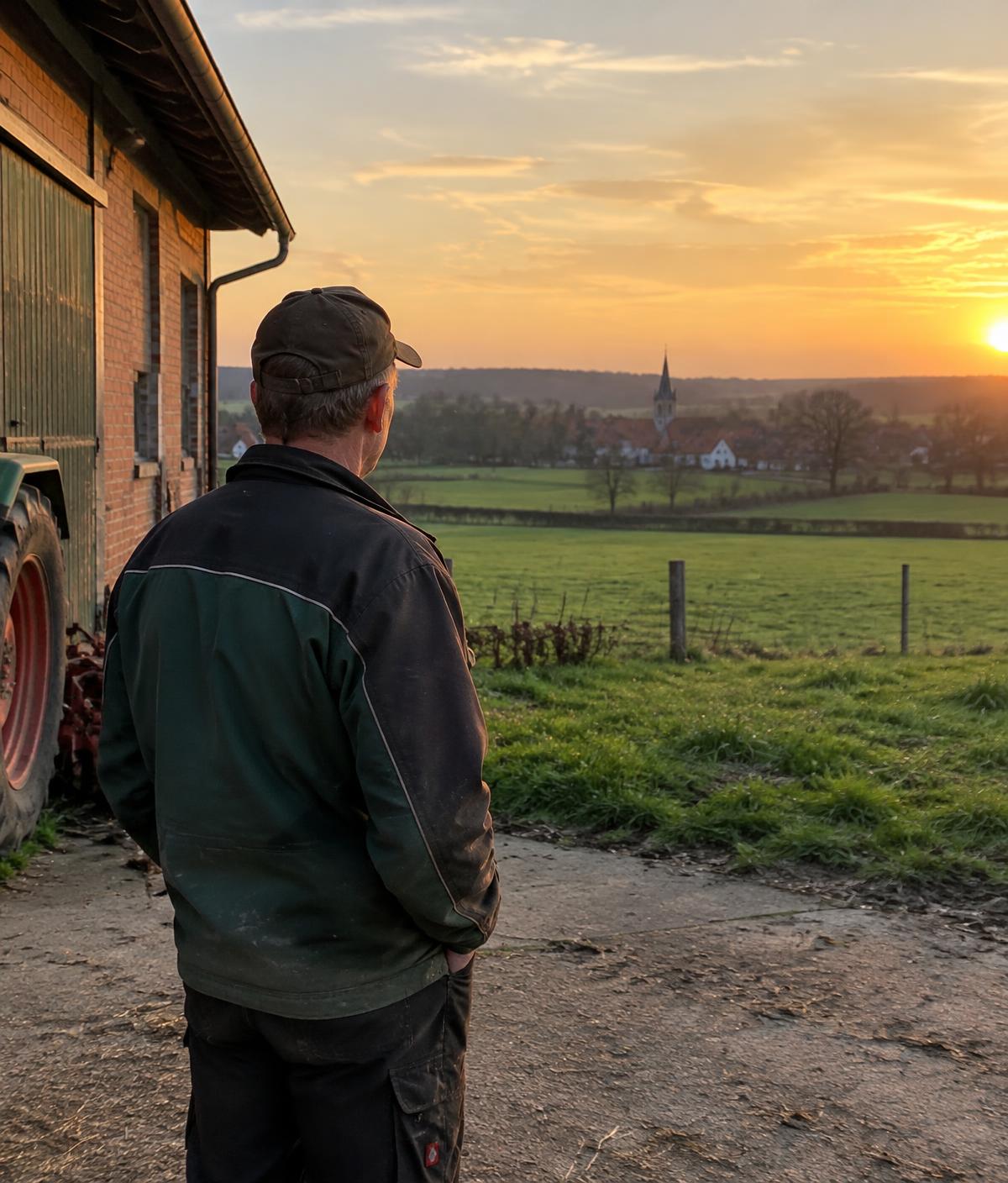 Landwirt auf dem Hof mit Blick über grüne Felder in ländlicher Umgebung