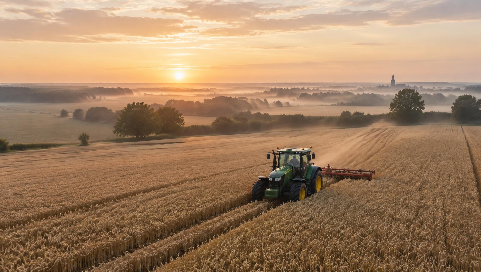 Traktor bei der Feldarbeit im Sonnenaufgang über weiten Getreidefeldern